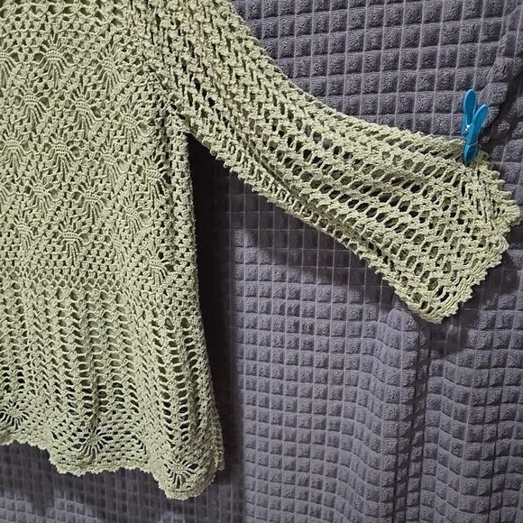 Y2K Green Crochet Sweater Top Sz2X Open Knit Boho Fairy Cottage Coastal Grandma - Picture 3 of 16